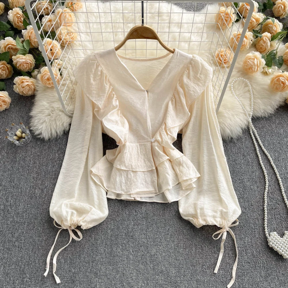 

2022 Korean Palace Style V-neck Ruffle Waist Closing Thin Top Versatile Design Bandage Long Sleeve Shirt Women