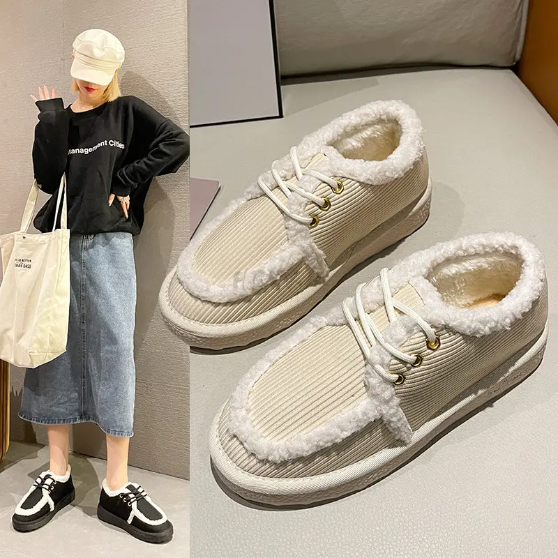 Winter New Female Snow Boots Non-slip Student Plus Velvet Warm Cotton Shoes Flat Lace Women's Boots Size 35-40  zapatillas mujer