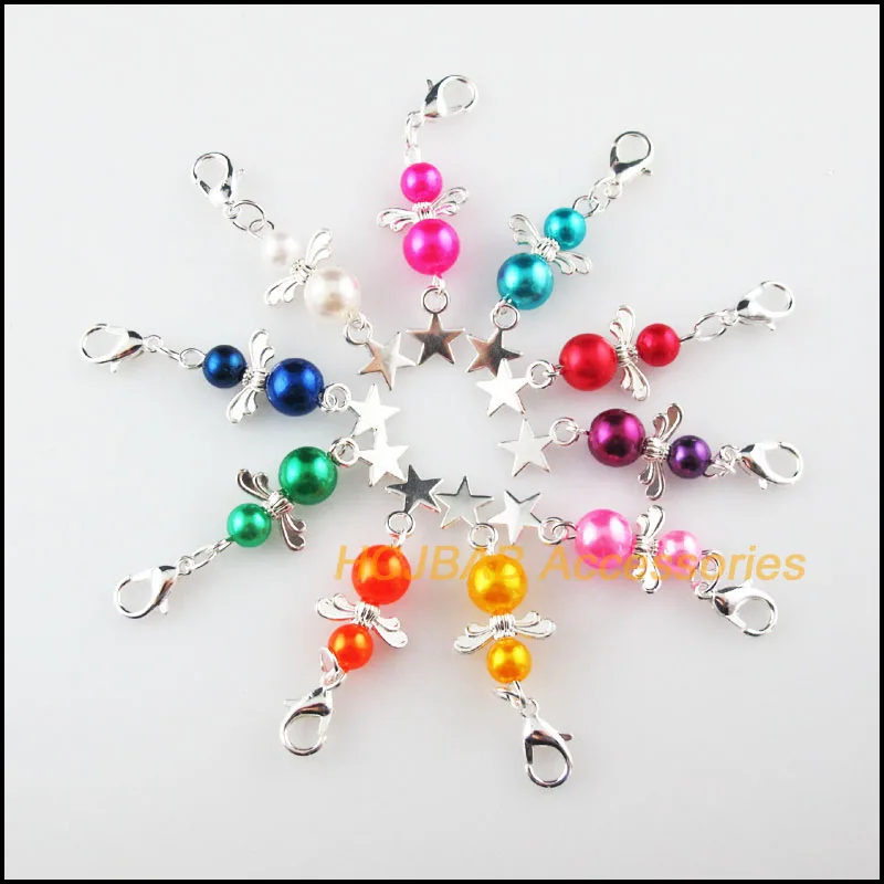 Модная новинка, 10 шт., посеребренный цвет, яркий шар 14x34 мм, ангел с застежкой-карабином и подвесками в виде звезд