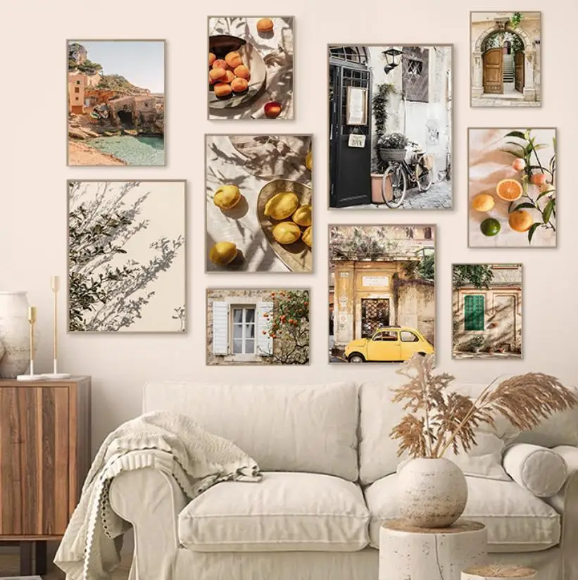 

Скандинавская Европейская городская Повседневная пейзажная Картина на холсте дом пляж двор Солнечный свет автомобиль постер лимонный богемный гостиная картина