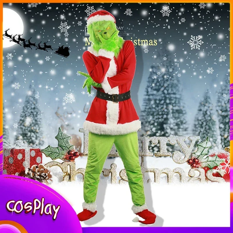 

2023 New Christmas Green Monster Cosplay Costumes X-Mas Attire Clothing Halloween Comic-Con Carnival Clothing Outfit Props Gifts