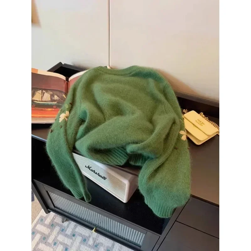 Kimotimo плюшевый свитер с зелеными цветами и вышивкой 2024 осень-зима женский новый