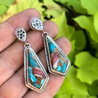 ethnic square turquoise wedding earrings vintage boho jewelry silver color metal carving dangle earring for women