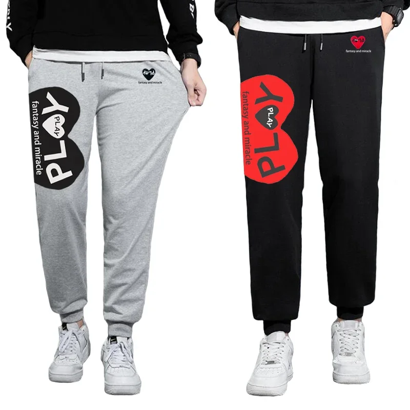 

Men Women Trousers Heart Letter Embroidery Half Heart Letter Printing Cotton Thin Elastic Drawstring Autumn Loose Long Pant