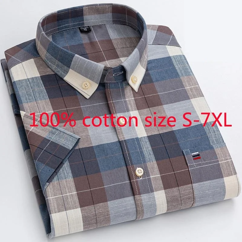 

New Arrival Fashion 100% Cotton Plaid Short Sleeve Men Oxford Spinning Oversize Casual Shirts Summer Plus Size S-4XL 5XL 6XL 7XL