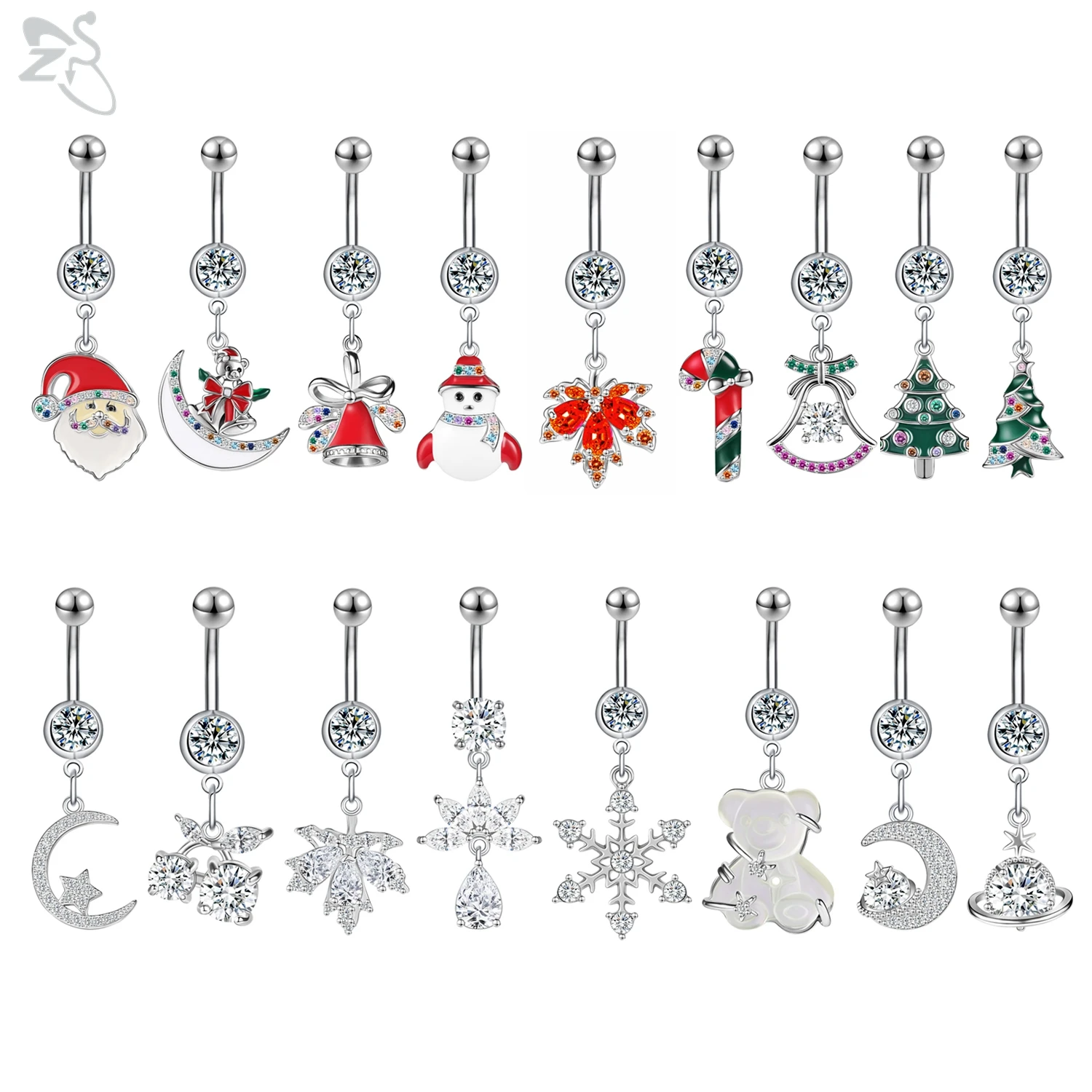 

ZS 1 Piece 14G Silver Color Stainless Steel Belly Button Ring Snowflake Santa Pendant Navel Piercing Christmas Piercings Jewelry