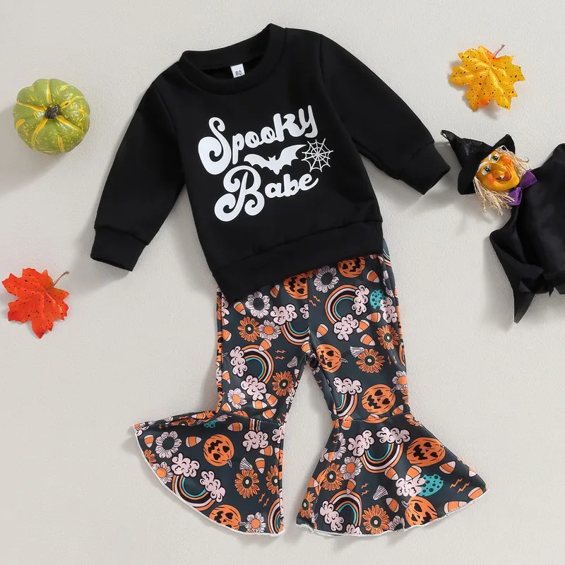 

Комплекты детских брюк на Хэллоуин для девочек, весенне-осенняя одежда, свитшот с надписью и радужные расклешенные брюки с тыквой, детские товары, одежда