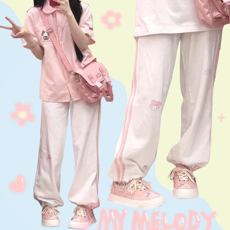 

Спортивные штаны Sanrio Kawaii My Melody, милые Мультяшные милые повседневные штаны, студенческие модные повседневные шаровары с широкими штанинами, подарок для девочки