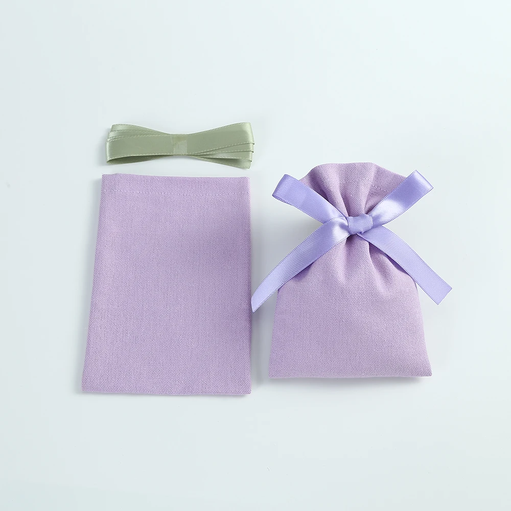 50pcs Purple Cotton Burlap Bucket Jewelry Bag with Ribbon Gift Pouches for Wedding Party Candy Bag Custom Logo Organizer Present
