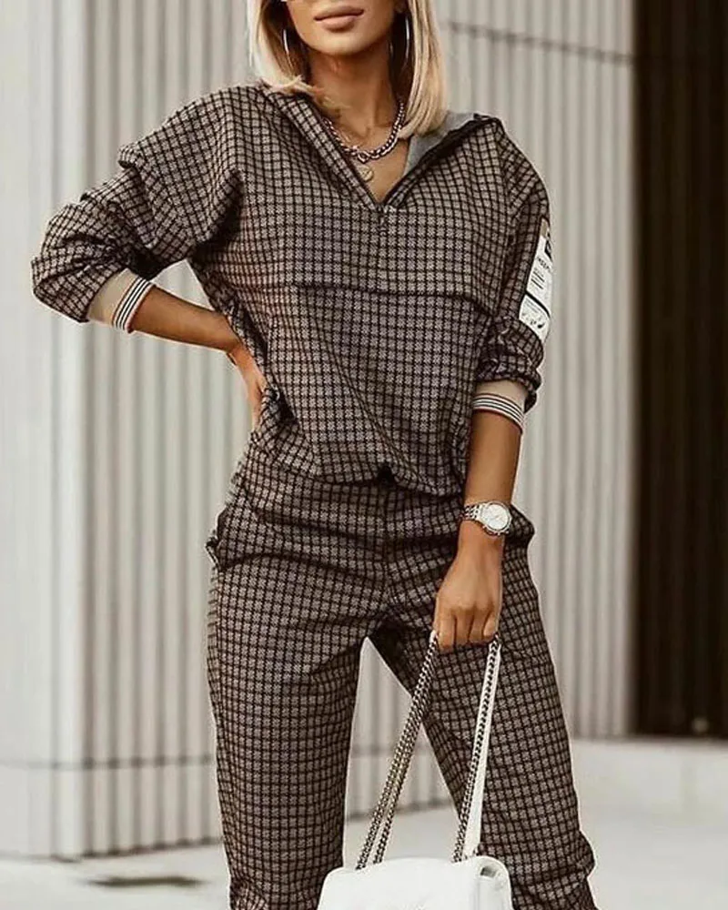 2022 New Fashion Women Plaid Print Zipper Front Hooded Top & Pants Set Two Pieces Suit Flare Pants Outwear images - 6