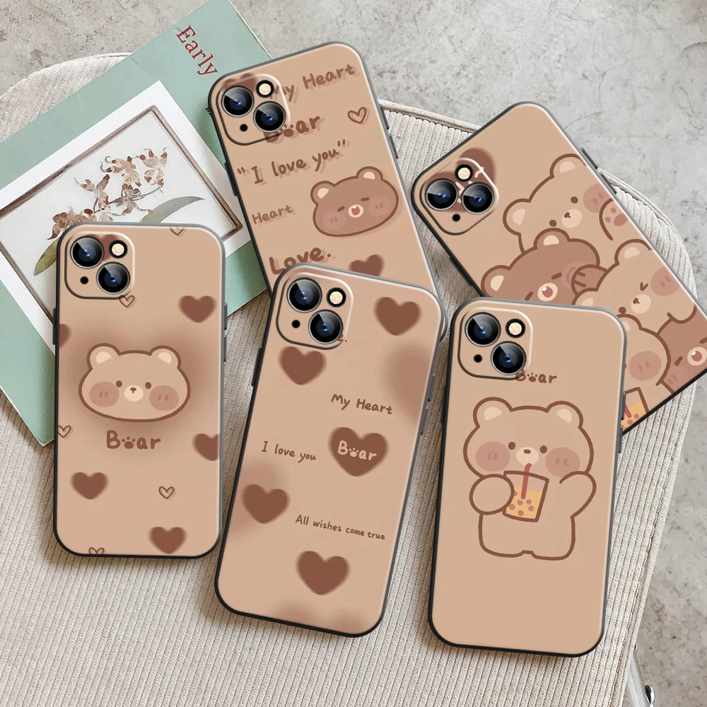 

Cute Animal Bear Phone Case For iPhone 13 11 Pro 12 Mini MAX X XR XS 8 7 Plus 6 6s SE 2020 Black Liquid Silicon Soft