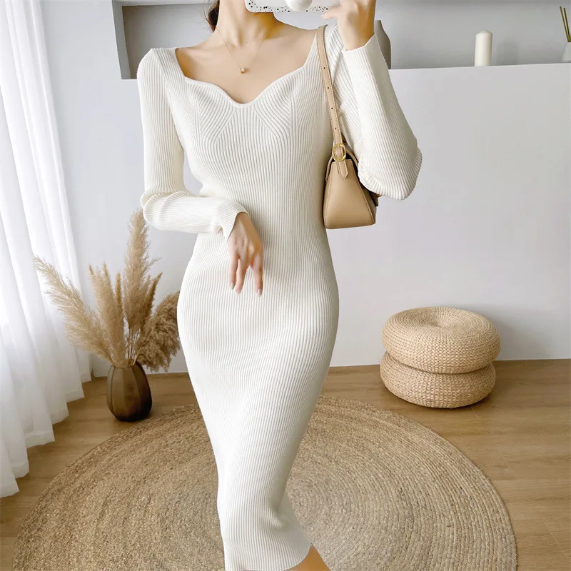 

TFETTERS Korean Fashion Bodycon Dress Autumn and Winter Solid French Knitted Long Dresses Female Elegant Dress for Women Clothes
