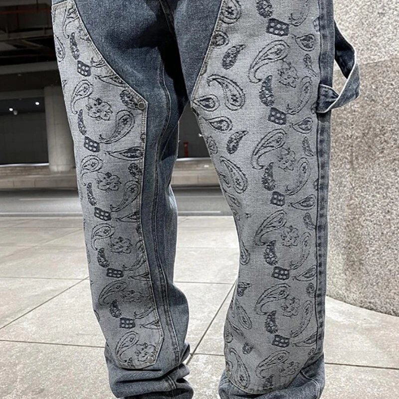 Fashion Denim Straight Jeans Mens Hip Hop Patchwork Paisley Jeans Streetwear Zipper Trousers New Casual Joggers Jeans Pants