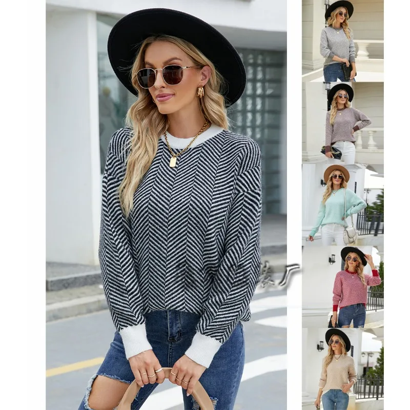 

Женский трикотажный пуловер в полоску, свободный свитер с длинным рукавом и круглым вырезом, Осень-зима