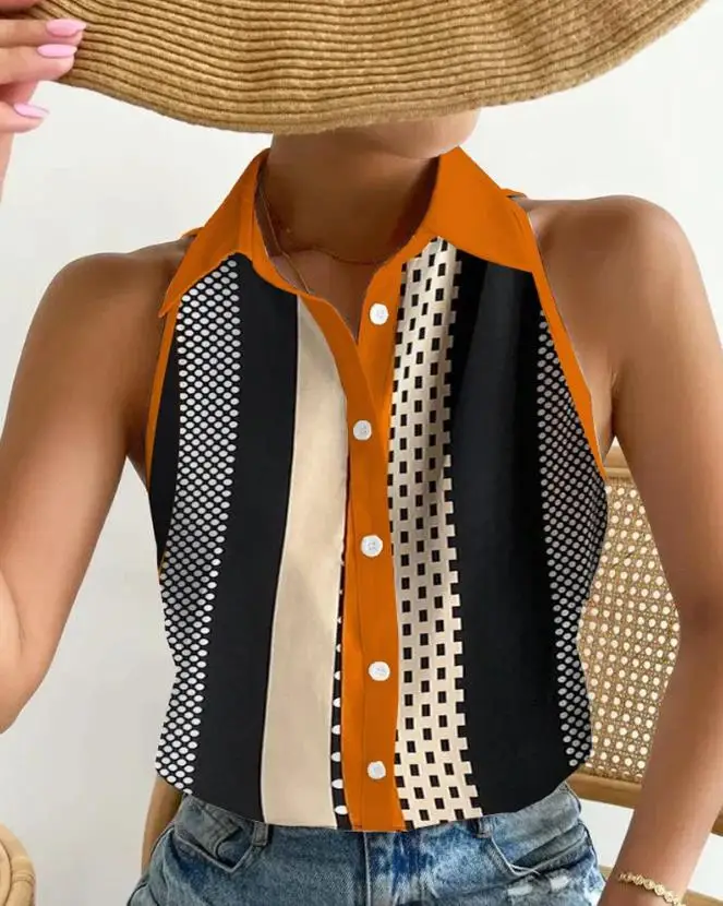

Women's Polka Dot Shirt Sleeveless Fashion Commuter Blouses Summer Casual Colorblock Contrast Binding Button Front Top Women