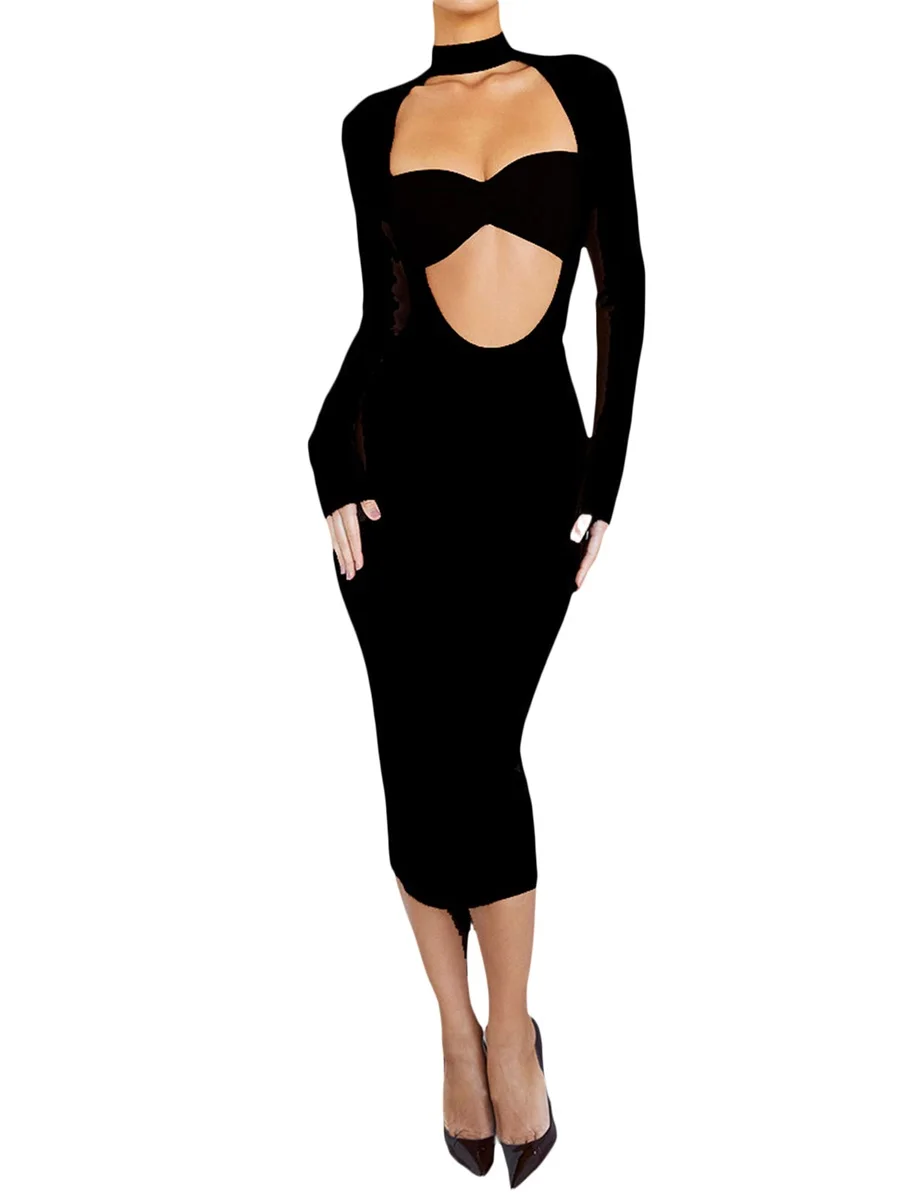 

Женское ажурное облегающее платье-макси, однотонное длинное коктейльное платье миди с длинным рукавом, квадратным вырезом и вырезом