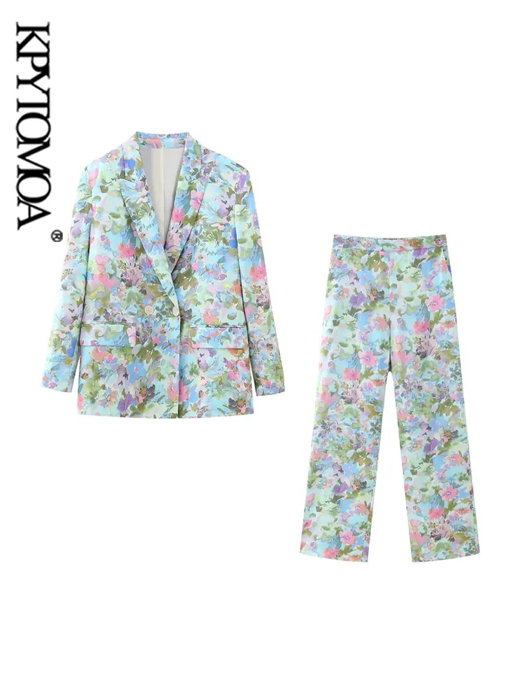 

KPYTOMOA Women Fashion Front Button Floral Print Blazer Coat And High Waist Back With Elastic Pants Female Two Piece Sets Mujer