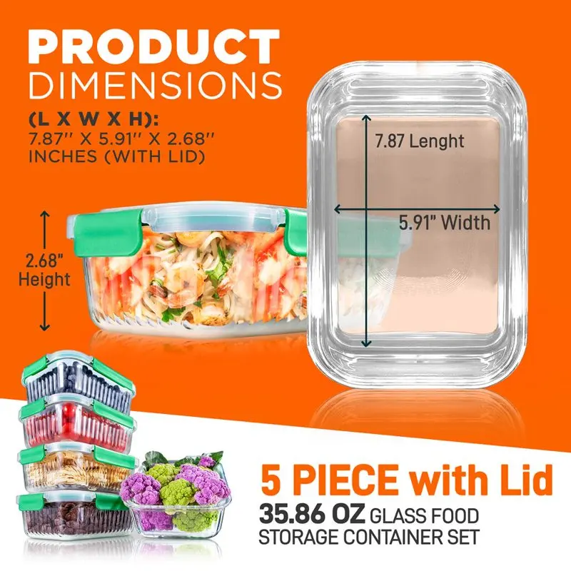 

35.86oz Stackable Premium Glass Meal-prep Containers w/ Airtight Locking Lid- Leakproof, BPA-Free, Freezer-to-Oven-Safe, Wave De