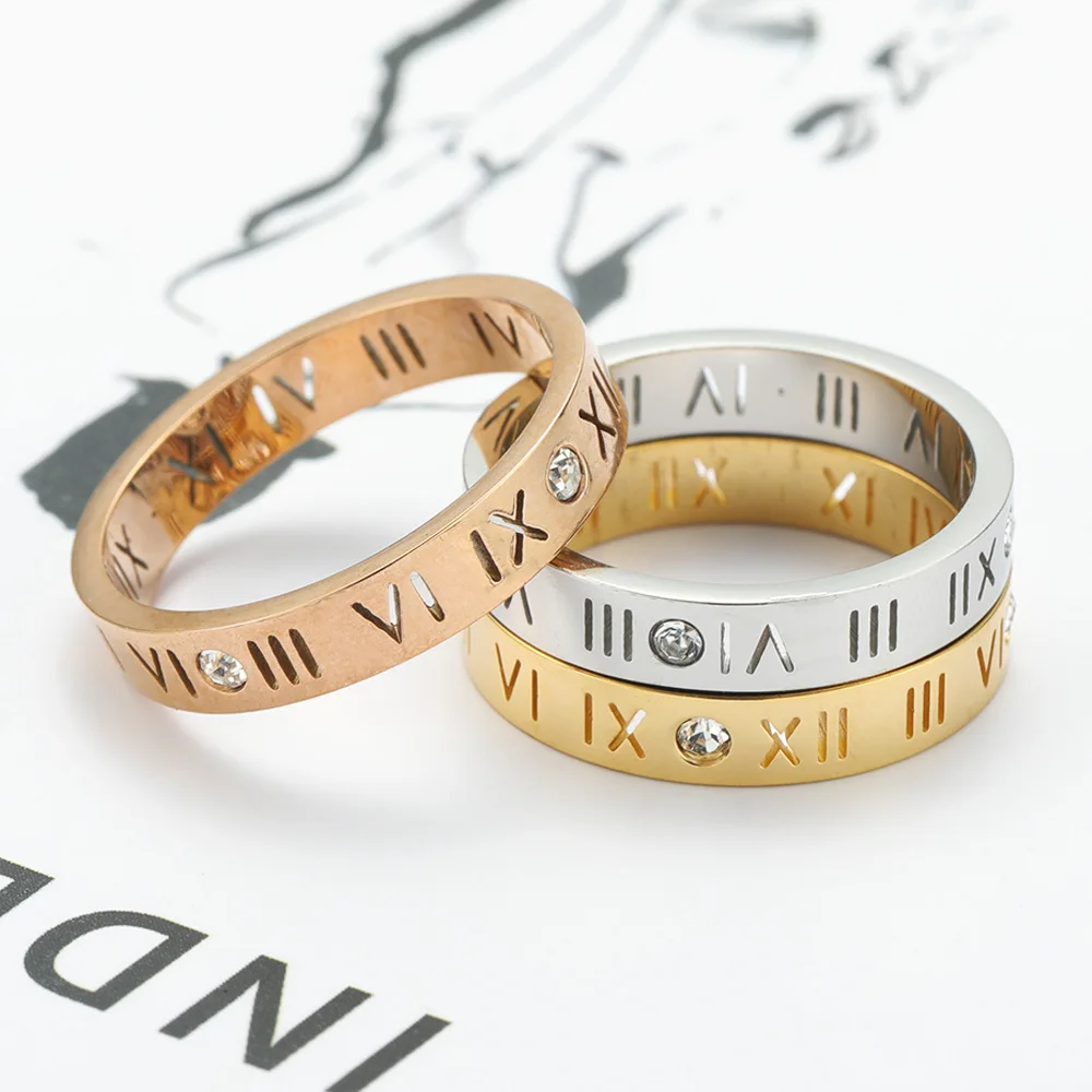 

European and American Diamond Inlaid Roman Numeral Stainless Steel Women's Fashion Couple Rings Size 6-10