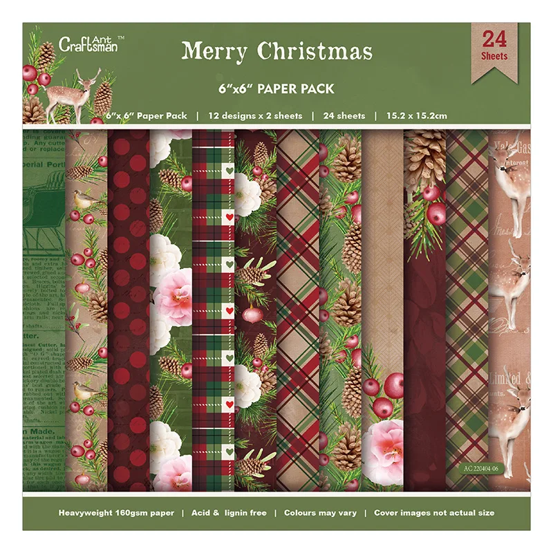 

Merry Christmas Scrapbook Paper Pad 6"×6” 24 Sheets Single-Sided Pattern Paper Planner Paper Junk Journal Craft Paper