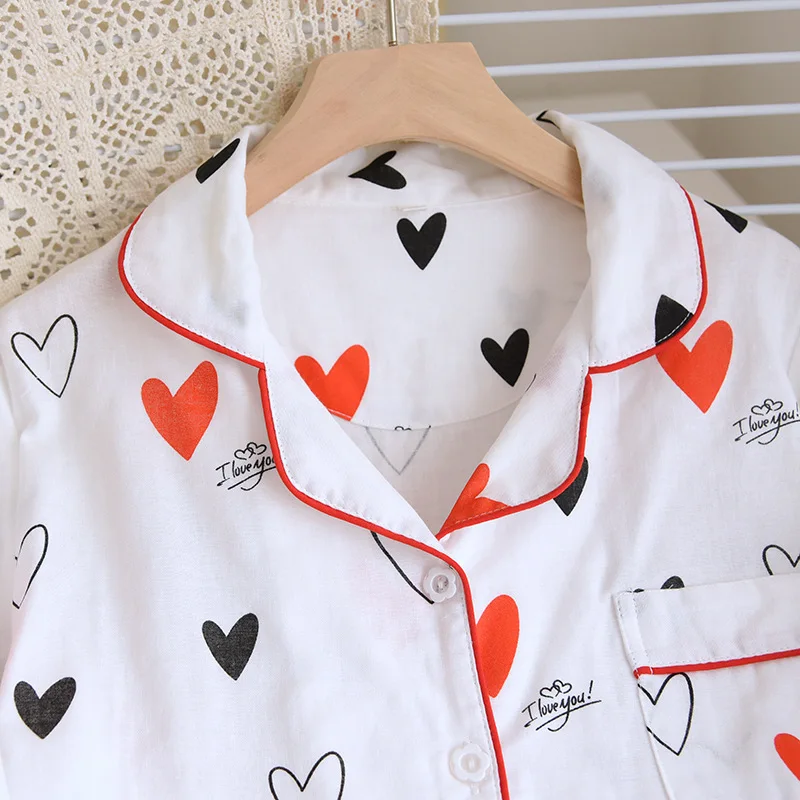 Cotton Double Gauze Pajama Set Women Autumn Summer Heart Girl Thin Lapel Cardigan Long Sleeve Trousers Simple Loose Loungewear