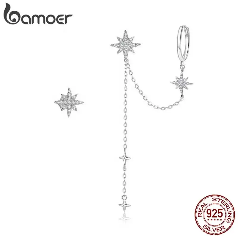 

Bamoer Authentic 925 Sterling Silver Asymmetric Star Drop Earrings Clear CZ Stud Earring for Women Birthday Gift Jewelry BSE433