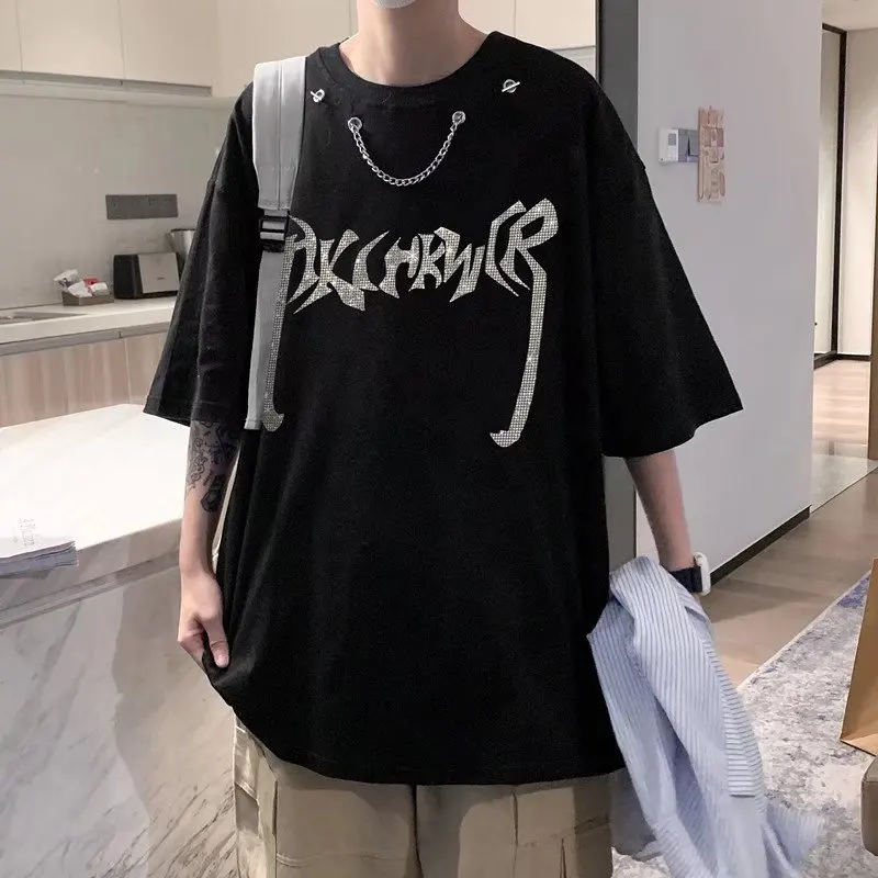 

2022 European And American Hip-hop Chain Hot Drill Short-sleeved T-shirt Male Couple High Street National Tide Brand Top