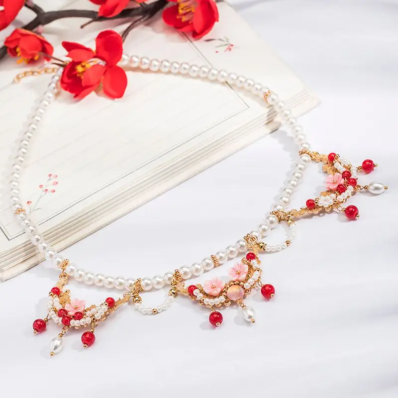 

Vintage Hanfu Necklace Beaded Pearls Pendant Necklaces Jewelry for Women
