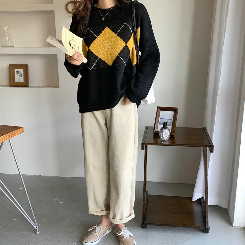 Zuoan корейский новый клетчатый свободный свитер женский осенний с круглым вырезом