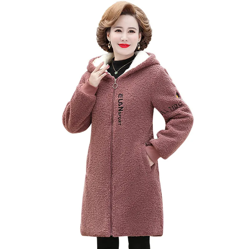2022 Women Jacket long Lambswool Plus Velvet Cotton Coat Winter Female Overcoat Hooded Warm Lady Outerwear Mother Clothes 5XL