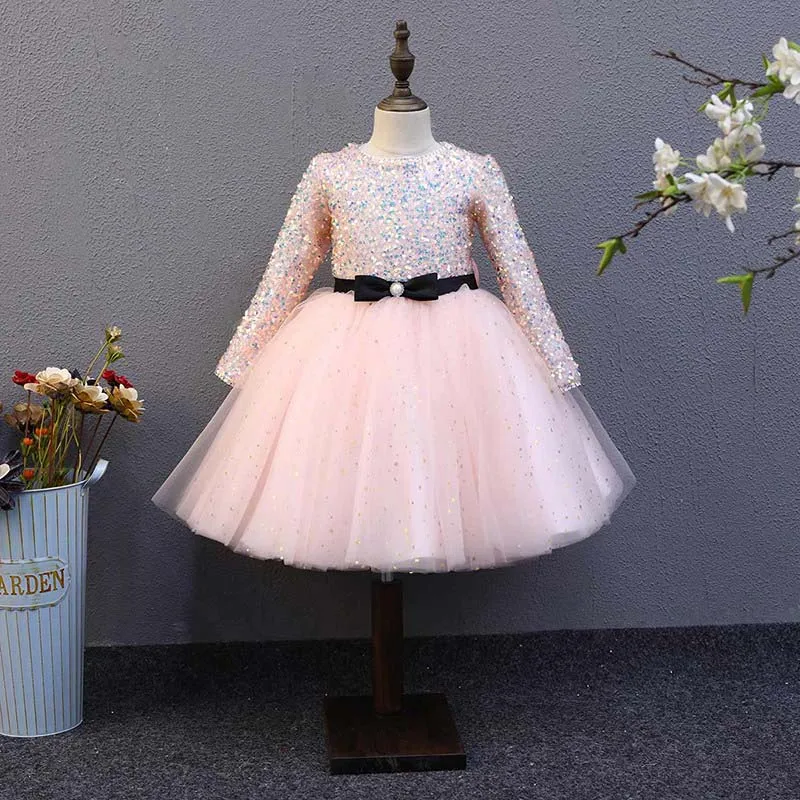 

Pink O-Neck Evening Dress Empire Full Sleeve Ball Gown Elegant Sequins Floor-Length Pleat Tulle Party Formal Dresses Woman B1698