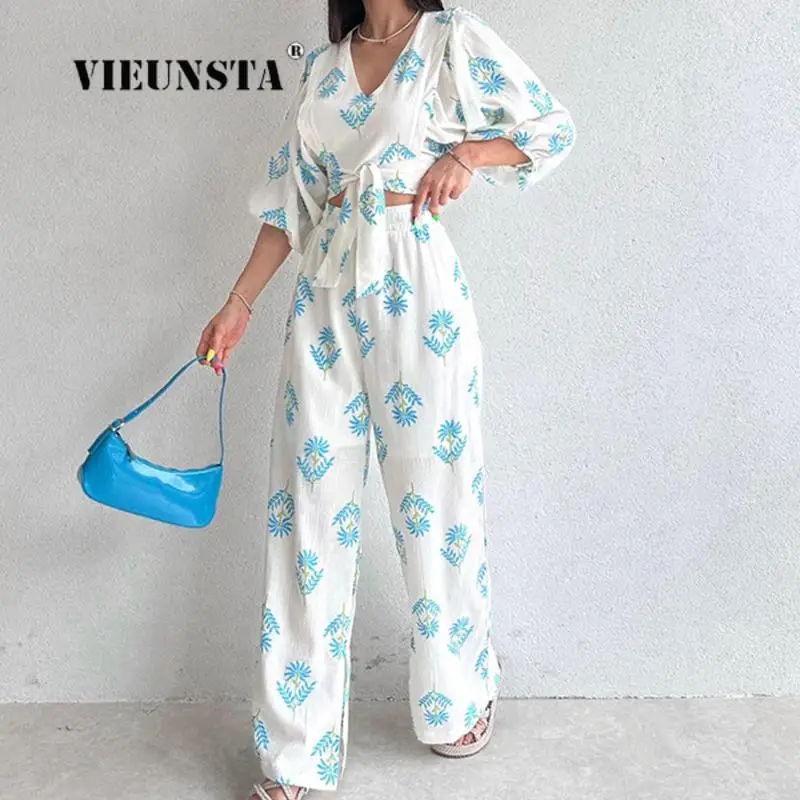 

High Street Printed Temperament Suits Women Two Piece Set Fashion Lace-Up Slim Puff Sleeve Tops And Wide-Leg Long Pants Outfits