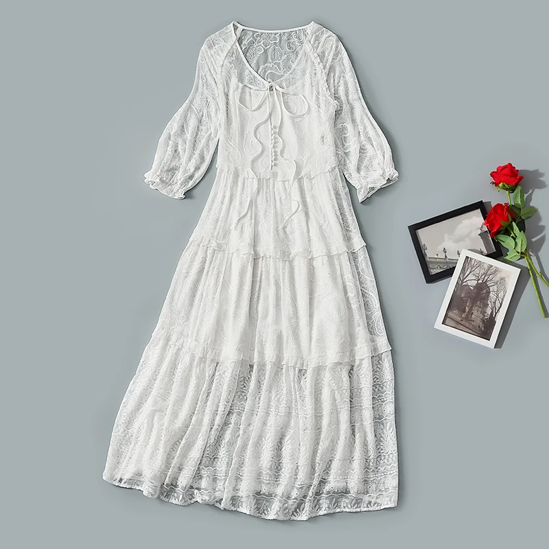 

Женское шелковое платье с V-образным вырезом, элегантное однотонное белое платье из 100% натурального шелка с рукавами-фонариками и вышивкой, ...