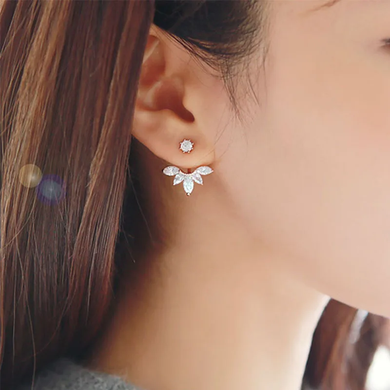 

Leaf Crystals Stud Earrings for Women Silver color Double Sided Fashion Jewelry Earrings female Ear Jacket Earrings For Women