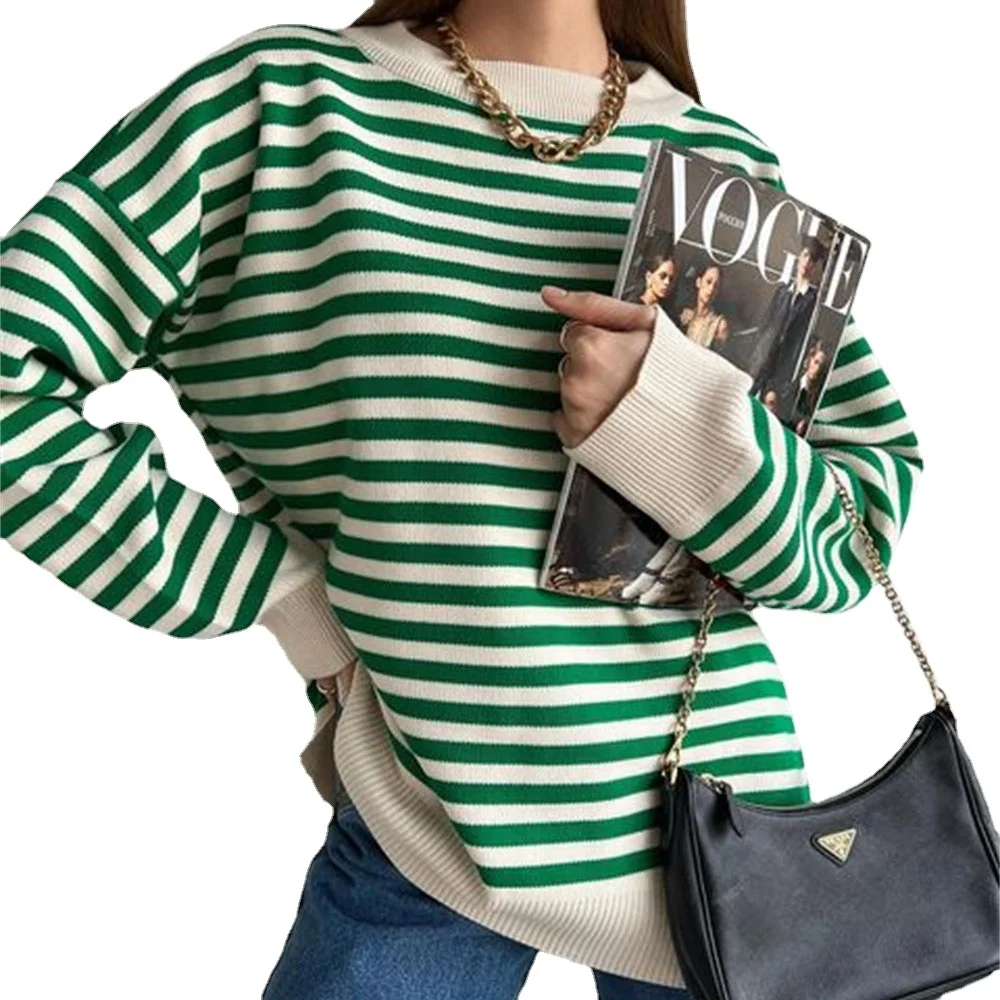 

Винтажный полосатый свитер с круглым вырезом, пуловеры для женщин, повседневные свободные джемперы с длинным рукавом, осенние женские свит...