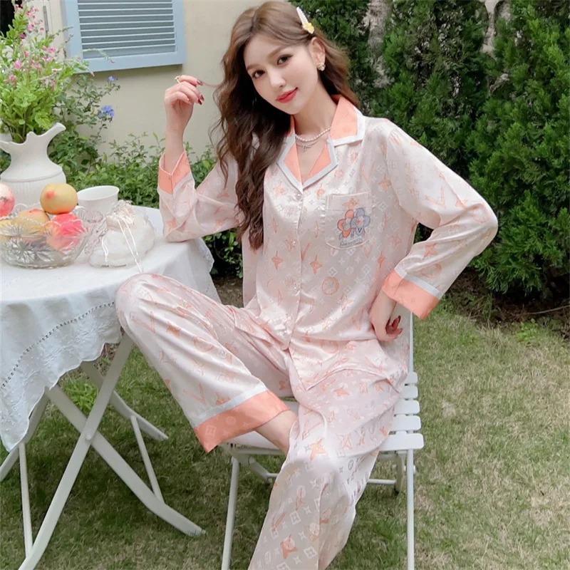 2023 Spring and Autumn New Artificial Silk Jacquard Pajamas Women's Long-Sleeved Trousers Pajamas Suit Fashion Comfortable Homew