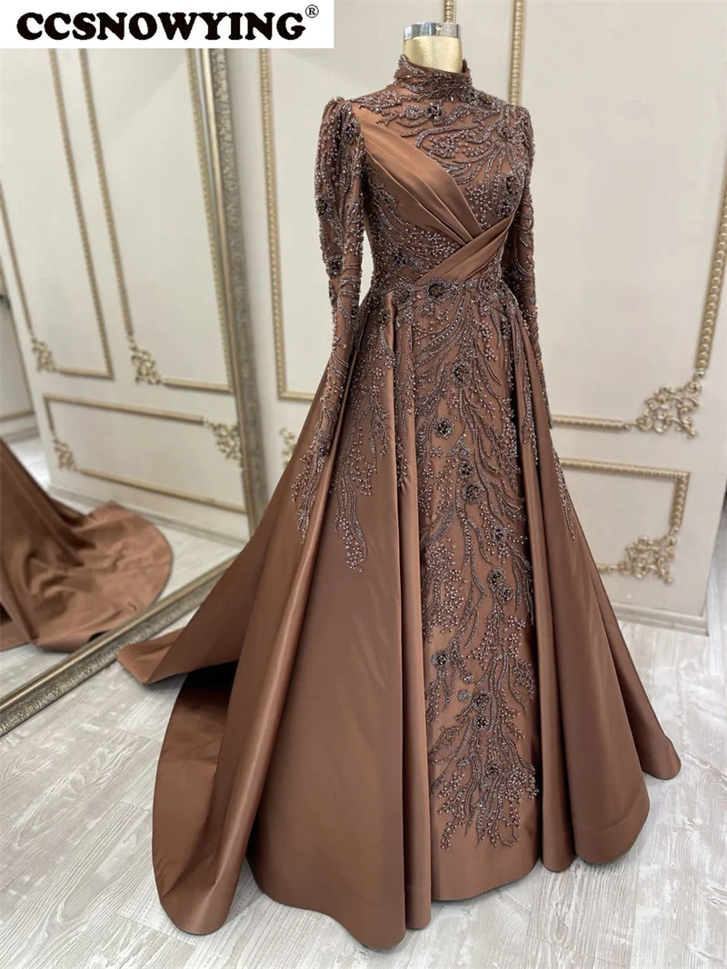 

Женское атласное вечернее платье с длинным рукавом, роскошное платье с аппликацией и бисером в мусульманском стиле