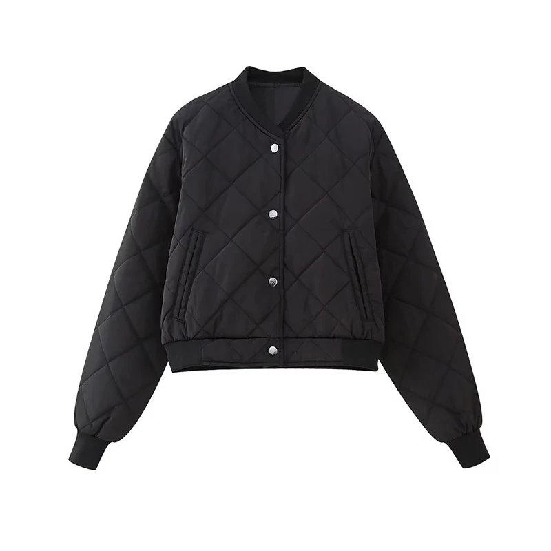 

YENKYE Vintage Black Quilted Cropped Bomber Jacket For Women 2023 Long Sleeve Short Outerwear Female Single Breasted Autumn Coat