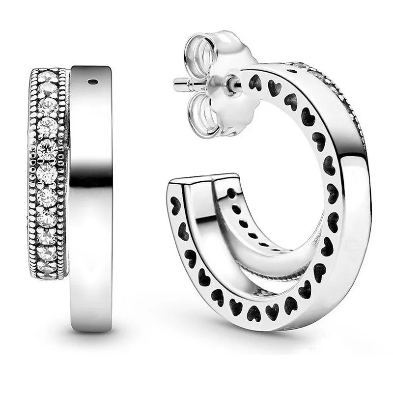 

Original Sparkling Signature Double With Crystal Hoop Earrings For Women 925 Sterling Silver Wedding Gift Fashion Jewelry
