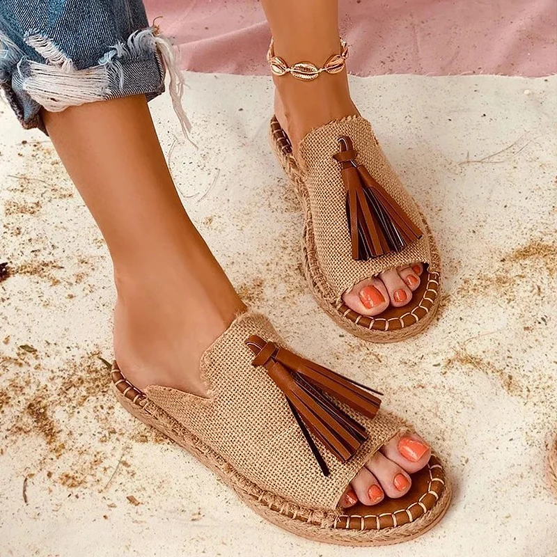 

Summer Sandals for Women Espadrilles 2022 Tassel Female Slides Luxury Handmade Retro Beach Flat Shoes Ladies Slippers Brand