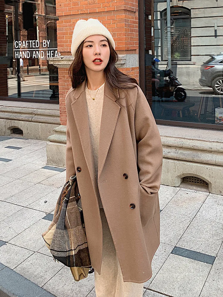 

Кашемировое осенне-зимнее Новое двустороннее кашемировое пальто, небольшое свободное модное универсальное короткое кашемировое пальто в Корейском стиле верблюжьего цвета