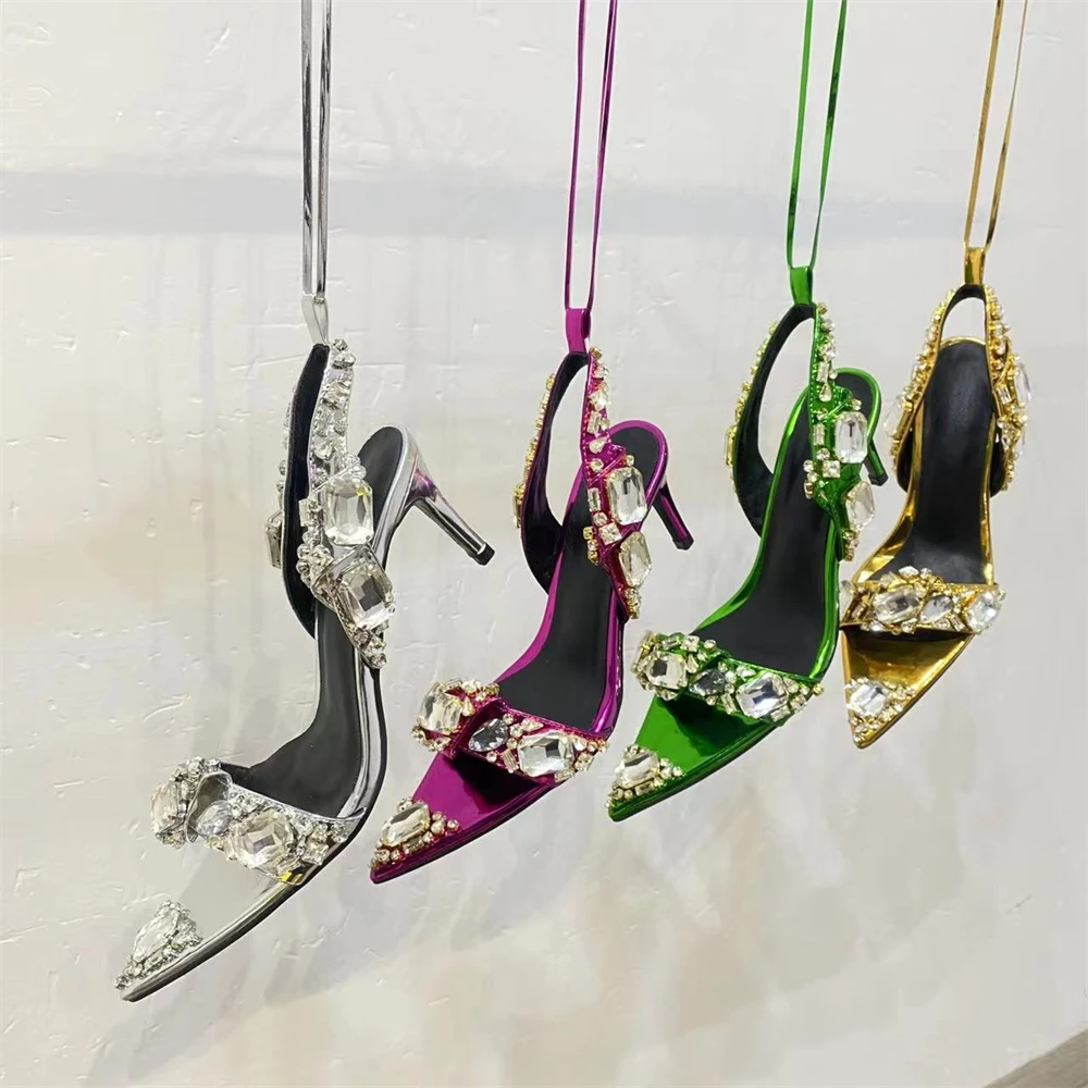 

Новинка, женские свадебные туфли стразы на высоком каблуке 7-10 см с ремешком на щиколотке, вечерние туфли с острым носком, привлекательные туфли на шпильках ярких цветов, большие размеры