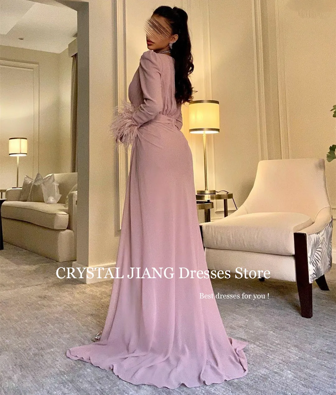 

Pink Long Evening Dresses V Neck Chiffon فساتين سهره Full Sleeves with Slit A Line Pleated Sweep Train Dresses for Women 2023