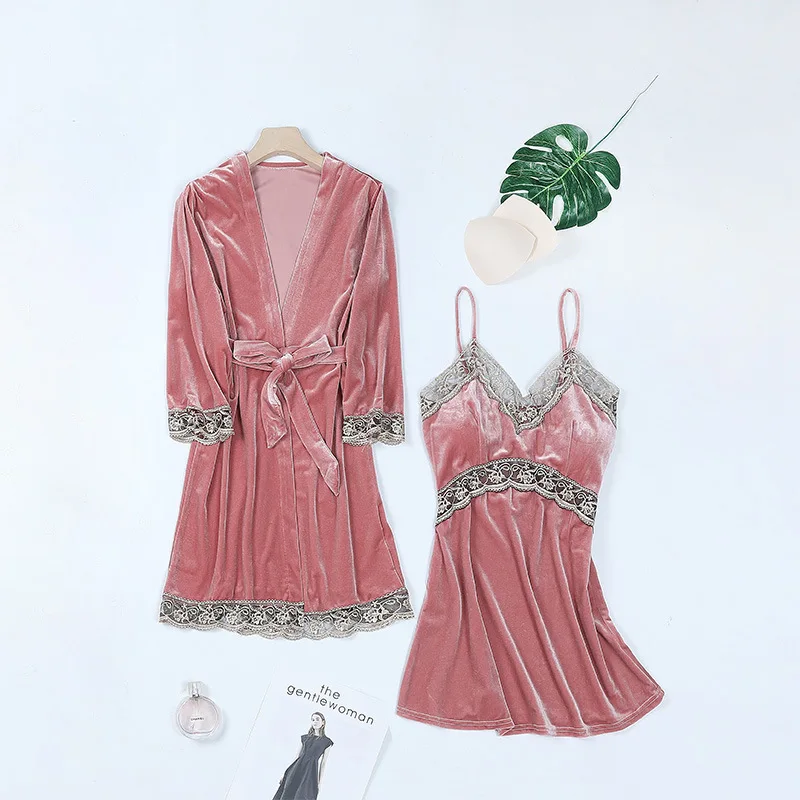Women's Sleepwear 2 Pcs Sets Velvet Sleepwear Lace Robe Nightgown and Backless V-neck Sleep Dress Pajamas Set