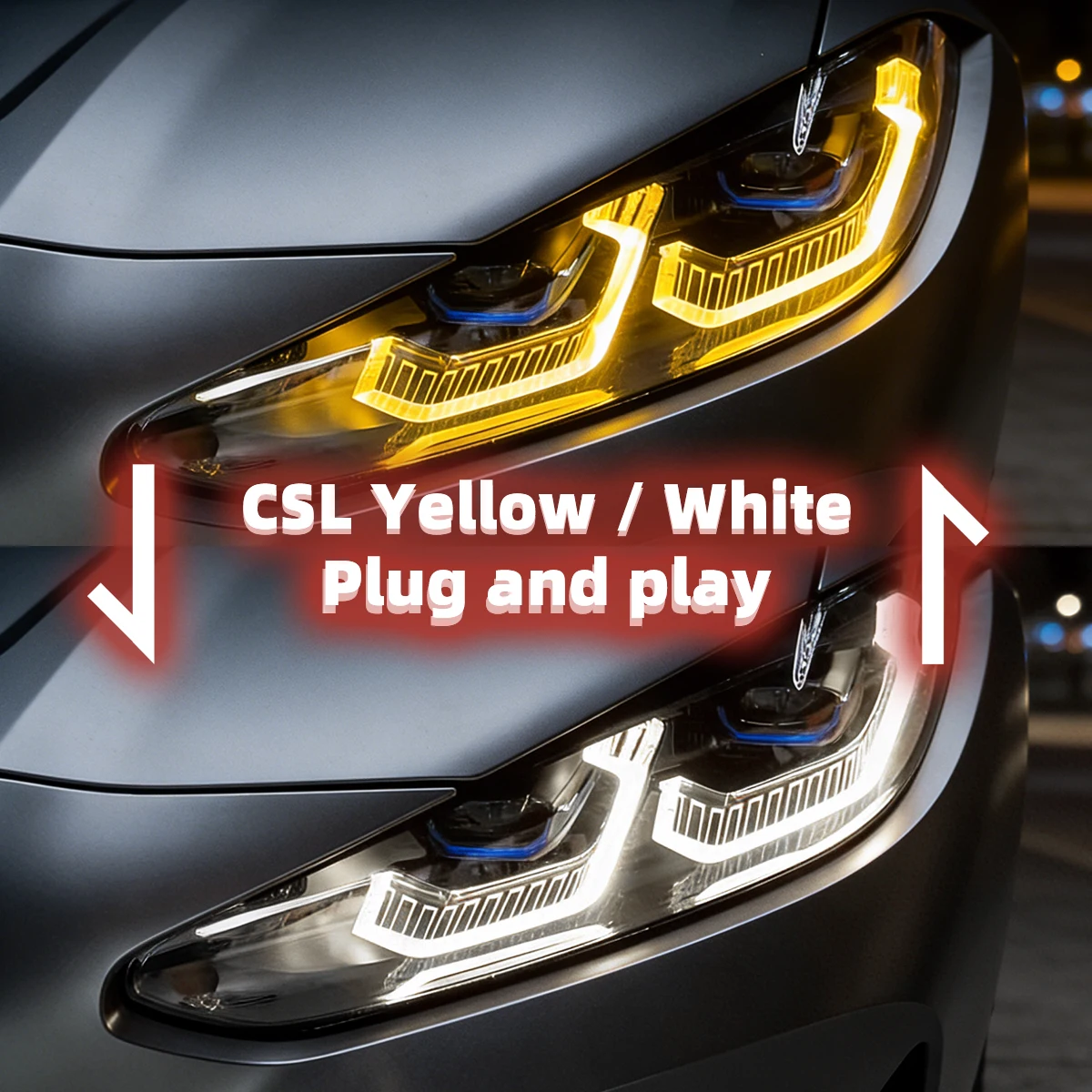 Фото Для BMW 4 серии M3 M4 G22 G23 G26 G80 G82 G83 2020-2023 Двухцветные ДХО CSL (желтый/белый) с функцией дальнего света, Plug and Play №1
