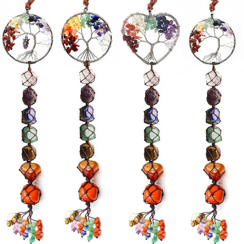 Natural Stone Tree Of Life 7 Colored Stone Car Hanging Handwoven Crystal Power Stone Chakra Indoor Decorative Ornament