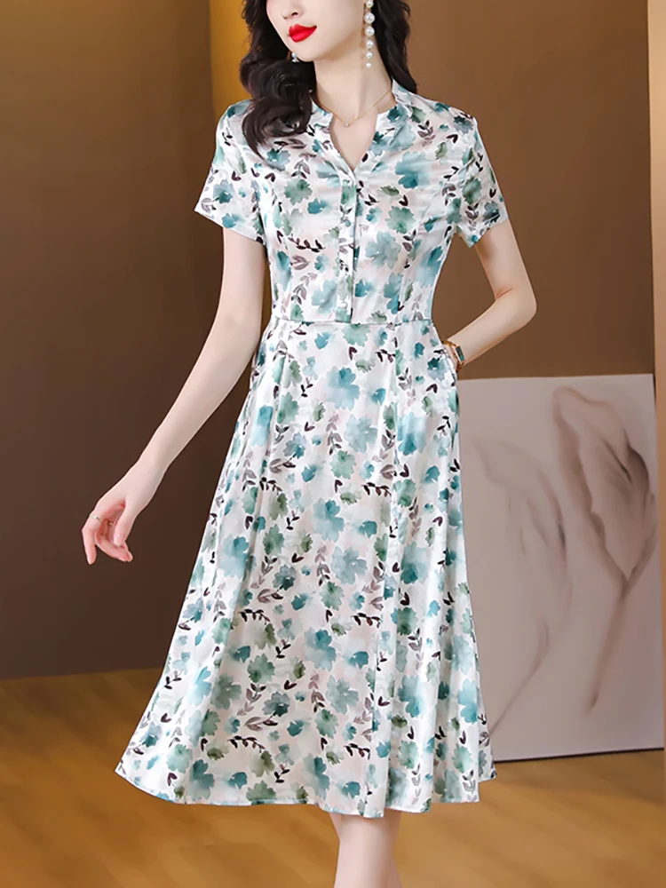 

Женское атласное платье средней длины, зеленое шелковое платье с цветочным принтом, коротким рукавом и V-образным вырезом, элегантное винтажное платье в Корейском стиле для выпускного вечера, лето 2023