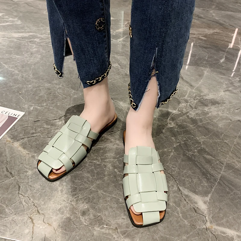 Women's Flat Slippers Women Summer Shoes Women Fashion Square Toe Slides Women Hollow Breathable Gladiator Casual Ladies Shoes