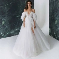 sexy deep v neck a line puff sleeves high split wedding dress for women 2022 backless bridal appliques lace custom made