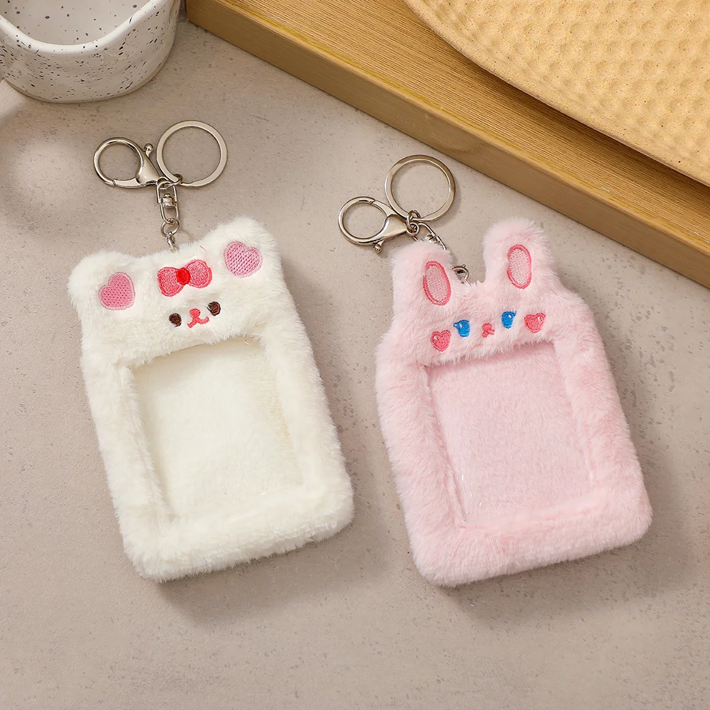 Kawaii Plush Photocard Holder Rabbit Bear Cat Kpop Idol Photo Card Holder Girl Cute Keychain ID Credit Bank Protector Stationery